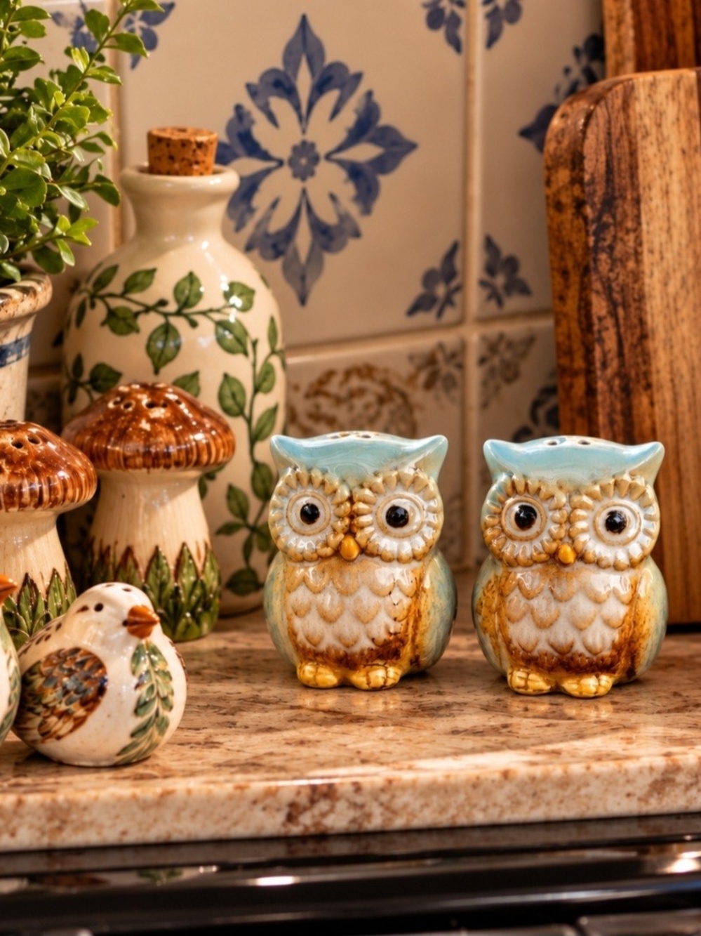 Ceramic Blue & Cream Owl Salt and Pepper Shaker Set - Home Accents
